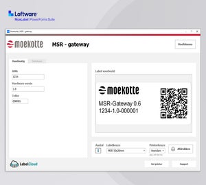 PowerForms printscherm voor MSR-gateway labels met variabele gegevens en QR-code